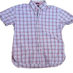 Tommy Hilfiger‎ Pink Plaid Short Sleeve Button Up Men’s XLG | 80s 2-Ply Cotton